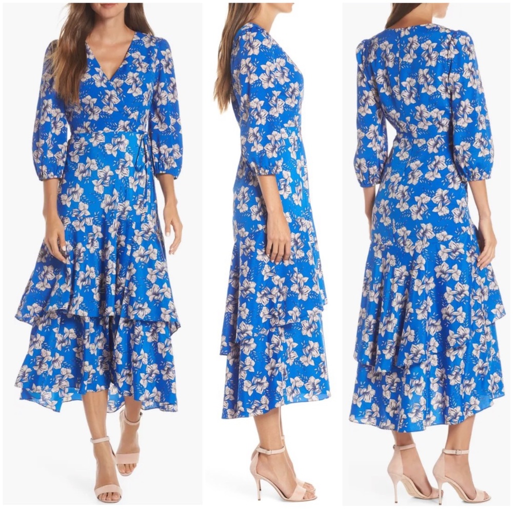 •ELIZA J• Faux Wrap A-Line Long Sleeve Maxi‎ Dress in Blue Floral Print Size 0